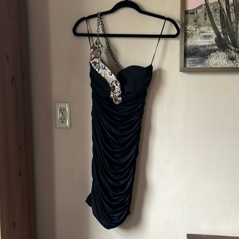 NWT Roberto Cavalli Black Chain Ruched Bodycon Mini Dress Size Medium